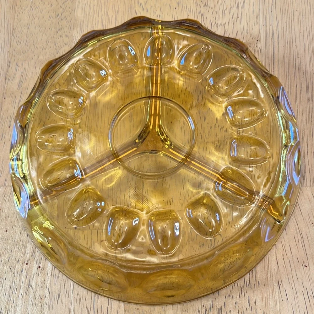 Indiana Glass Co Kings Crown Amber Gold Thumb Print 3 Way Divided Relish‎ Dish